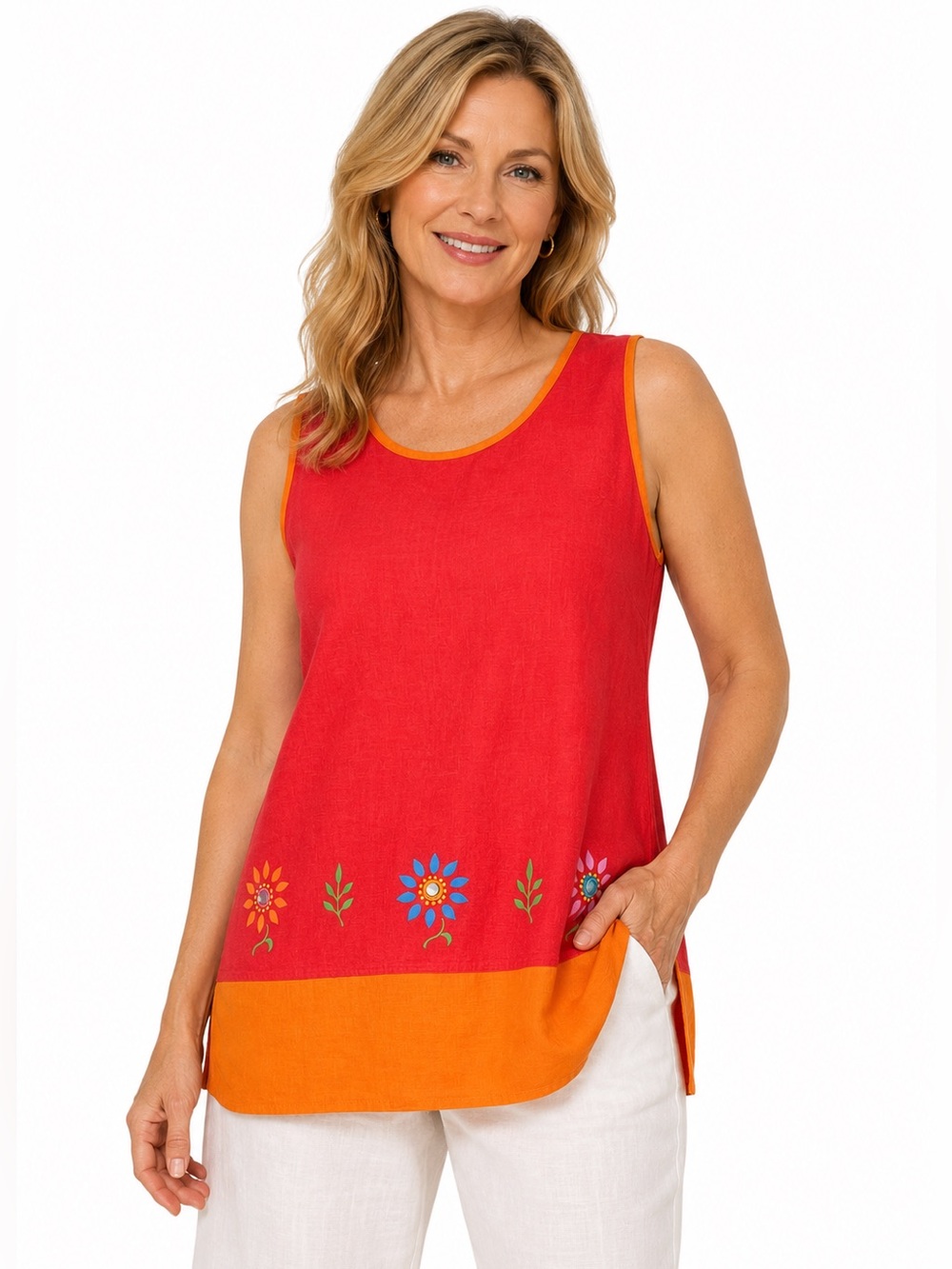 Linen Blend Floral Border Cottagecore Sleeveless Tunic Top Orange Coral Pink 10